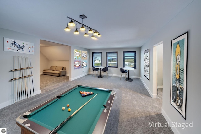 game room with pool table, baseboards, and carpet floors