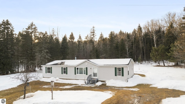 view of front of property featuring entry steps and a forest view