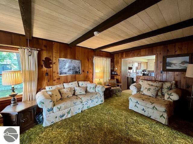 carpeted living room featuring wood walls and beamed ceiling