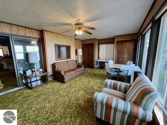 carpeted living area featuring plenty of natural light, wooden walls, and a ceiling fan