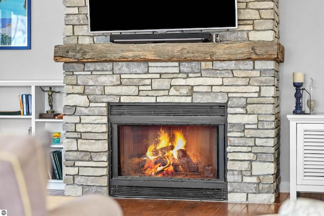 interior details featuring a stone fireplace and wood finished floors