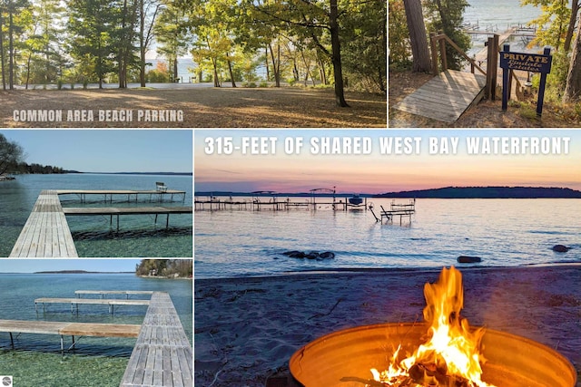 view of dock featuring an outdoor fire pit and a water view