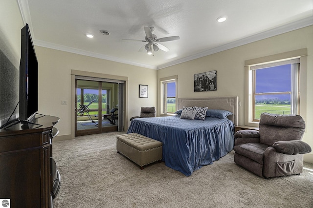 bedroom featuring carpet floors, access to exterior, visible vents, ornamental molding, and baseboards