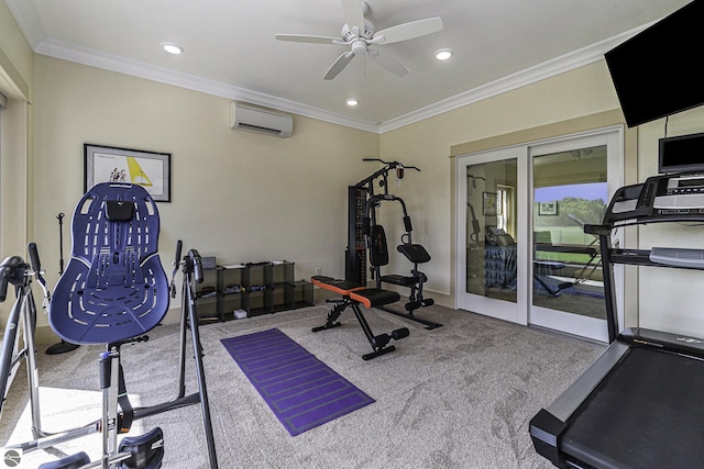 exercise area featuring carpet floors, ornamental molding, an AC wall unit, and recessed lighting