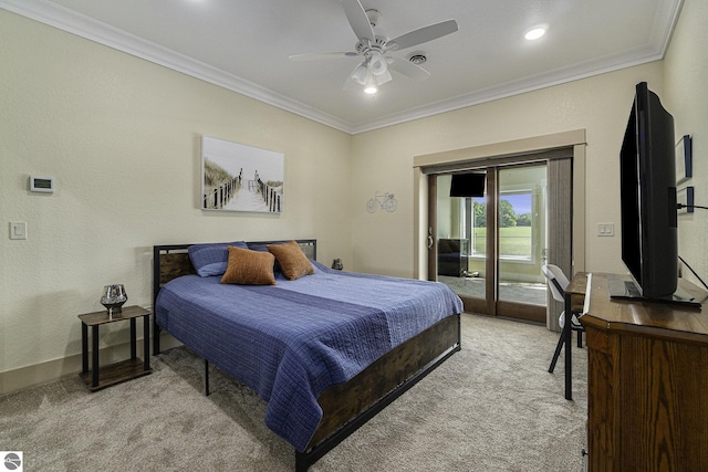 bedroom featuring light carpet, access to exterior, baseboards, and crown molding