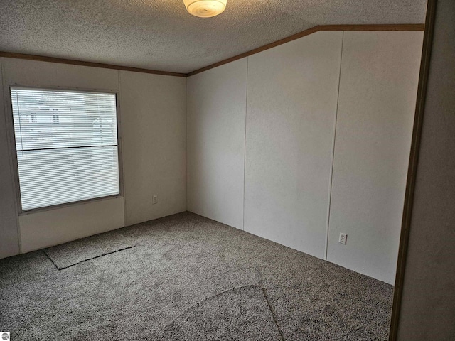 spare room featuring a textured ceiling, ornamental molding, carpet flooring, and lofted ceiling