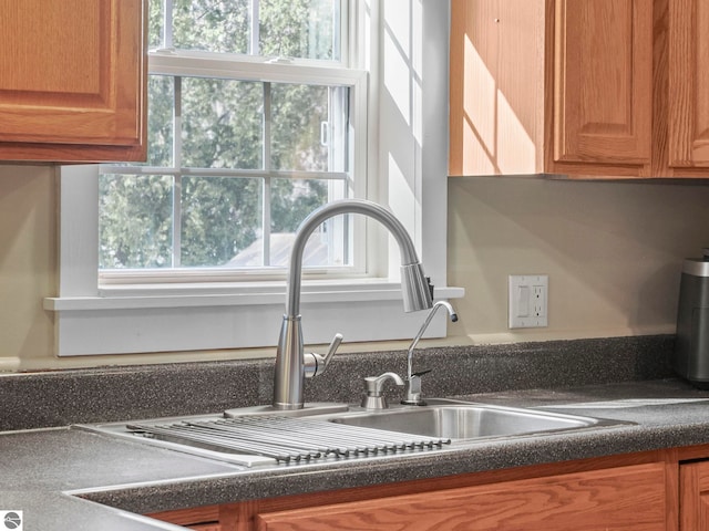 details featuring dark countertops, brown cabinets, and a sink