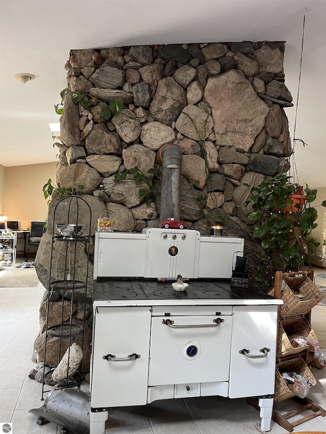 room details featuring a wood stove