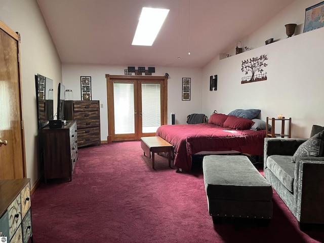 bedroom with lofted ceiling with skylight, dark colored carpet, french doors, and access to exterior