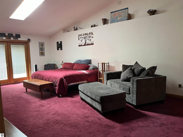 carpeted bedroom with access to exterior, high vaulted ceiling, and french doors