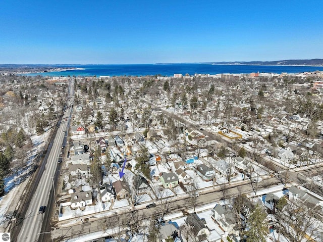 aerial view featuring a residential view and a water view