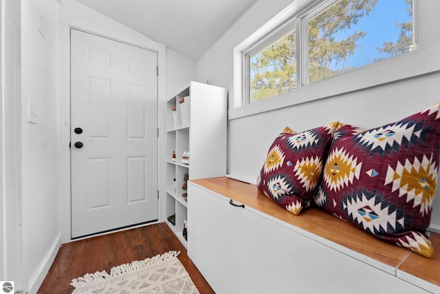 mudroom featuring dark wood-style floors and vaulted ceiling