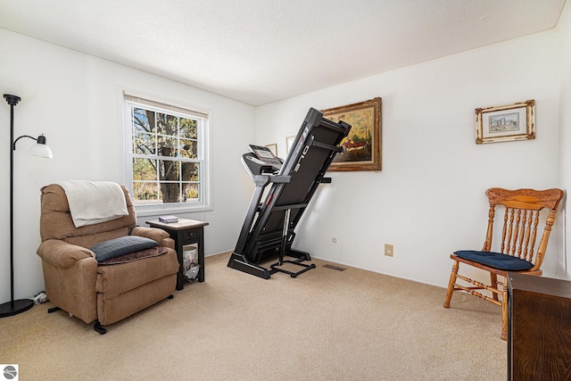 exercise room with a textured ceiling, carpet, and visible vents