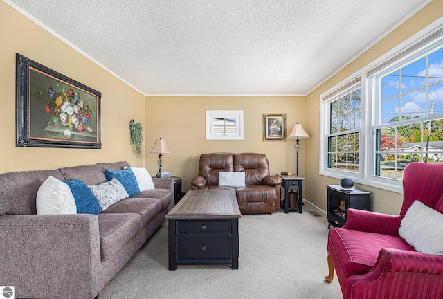 living room featuring light carpet, ornamental molding, and a textured ceiling