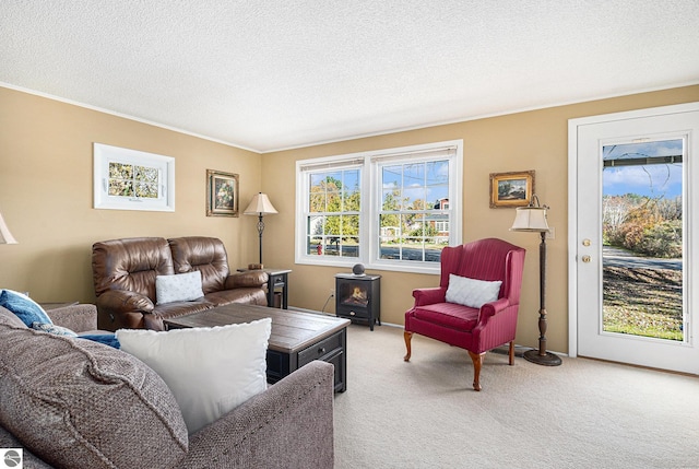 carpeted living area with a textured ceiling and baseboards