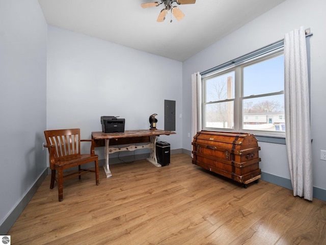 home office featuring a ceiling fan, light wood-type flooring, electric panel, and baseboards