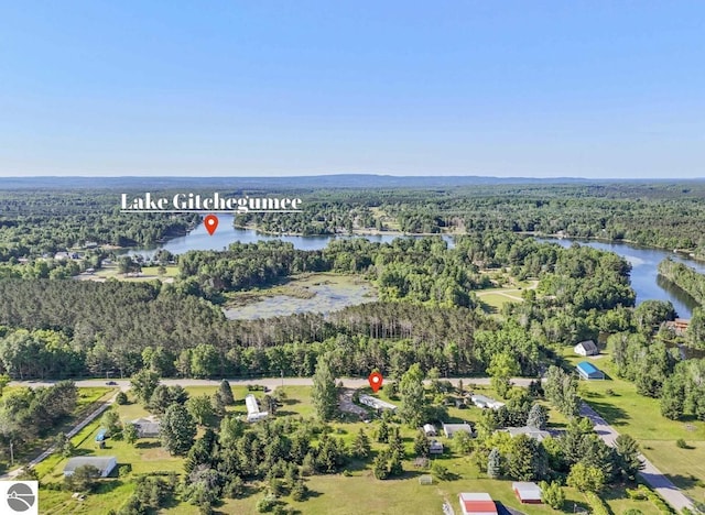 birds eye view of property featuring a water view and a view of trees