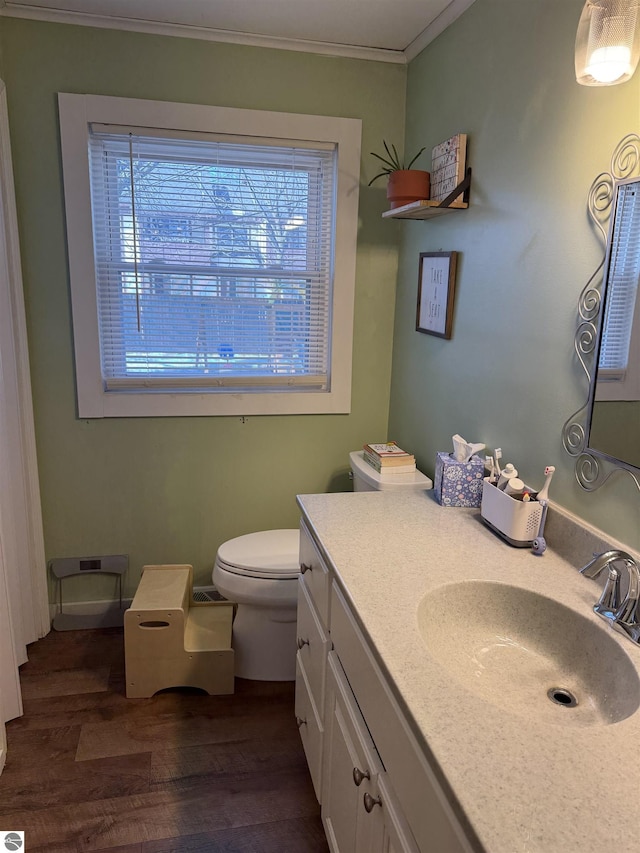 bathroom featuring ornamental molding, vanity, toilet, and wood finished floors