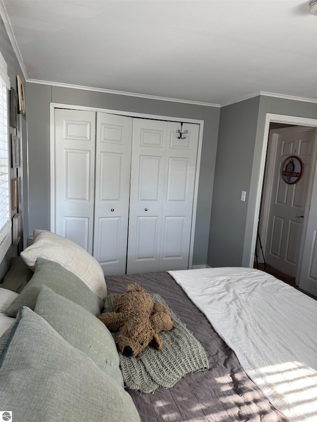 bedroom with a closet and crown molding