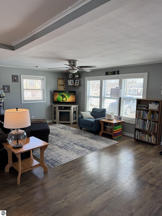 living room featuring plenty of natural light, wood finished floors, and baseboards