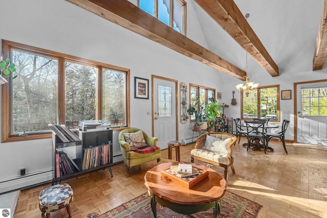 living room with high vaulted ceiling, beamed ceiling, baseboard heating, and an inviting chandelier