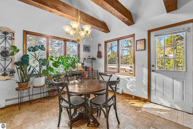 dining area featuring a baseboard heating unit, beamed ceiling, plenty of natural light, and baseboards