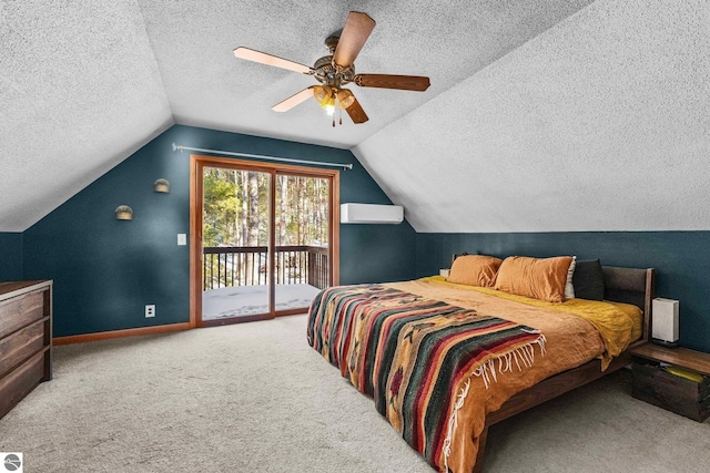 carpeted bedroom featuring a ceiling fan, vaulted ceiling, a textured ceiling, access to outside, and baseboards