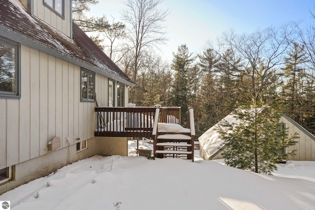 view of snow covered deck