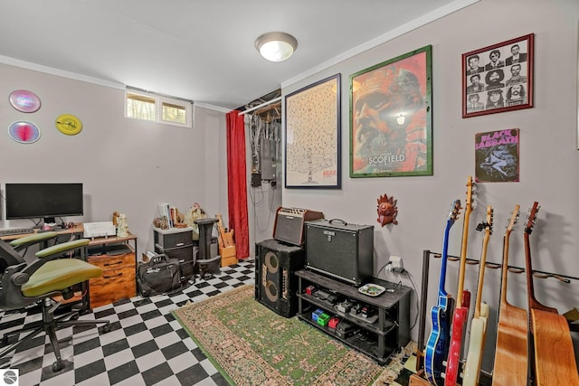 office featuring ornamental molding and tile patterned floors