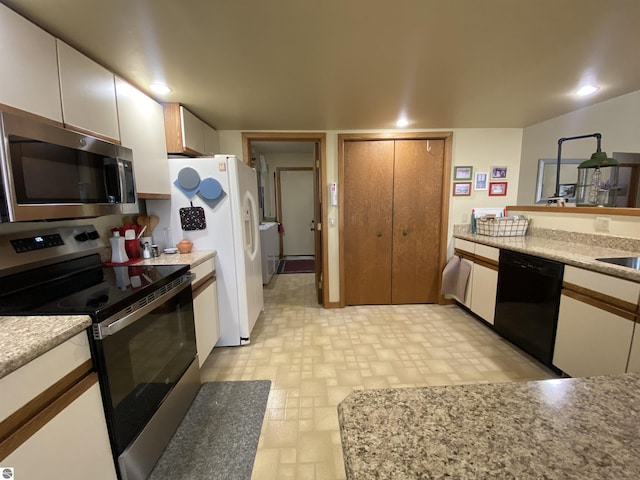 kitchen featuring appliances with stainless steel finishes, light countertops, white cabinetry, and recessed lighting