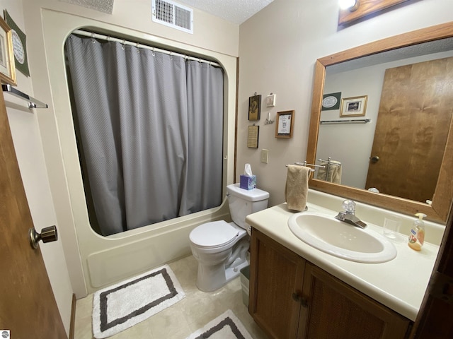 full bathroom with toilet, shower / tub combo, vanity, and visible vents