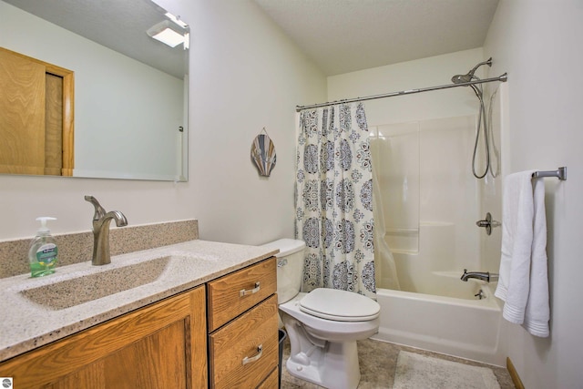 bathroom with vanity, shower / tub combo, toilet, and tile patterned flooring