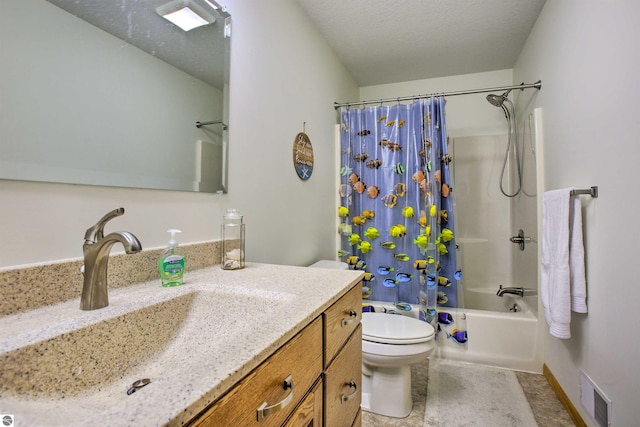 bathroom with visible vents, toilet, vanity, shower / bath combination with curtain, and a textured ceiling