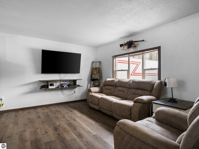 living area with a textured ceiling, baseboards, and wood finished floors