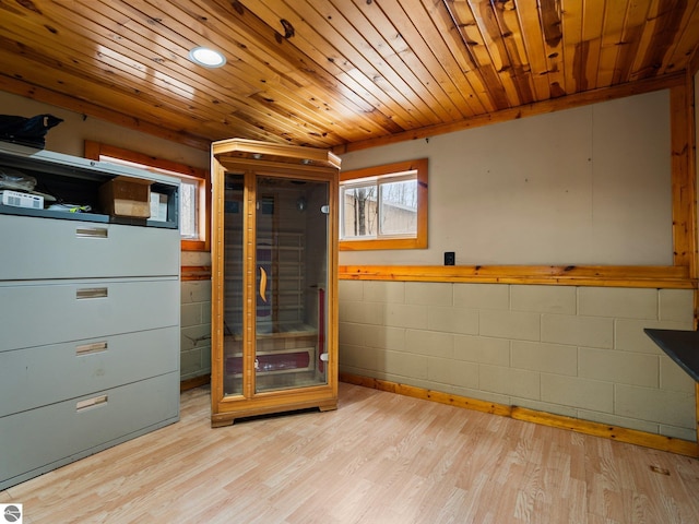 below grade area featuring light wood-type flooring and wood ceiling