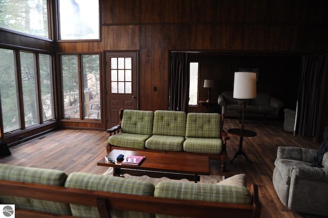 living area with wooden walls, a wealth of natural light, and wood finished floors