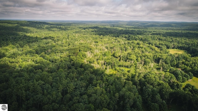 birds eye view of property featuring a wooded view