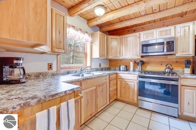 kitchen featuring light brown cabinets, stainless steel appliances, a sink, wood ceiling, and beamed ceiling