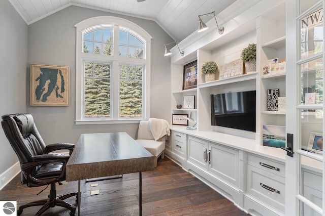 office space featuring a wealth of natural light, lofted ceiling, wood ceiling, and dark wood-style floors