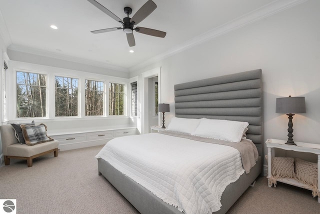 bedroom with light carpet, recessed lighting, ceiling fan, and ornamental molding