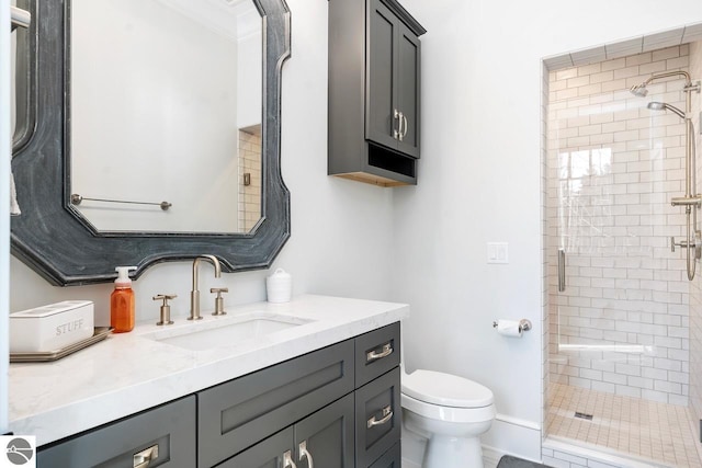 full bathroom featuring vanity, toilet, and a shower stall