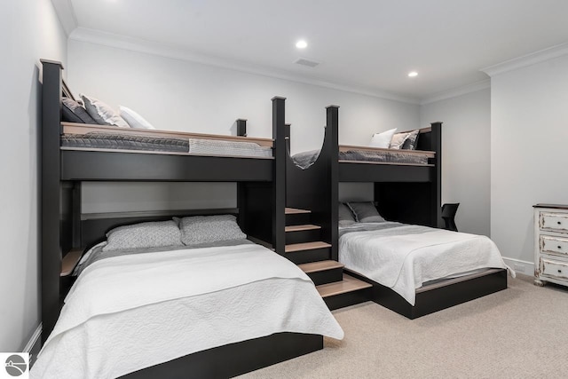 bedroom with carpet, visible vents, baseboards, recessed lighting, and crown molding