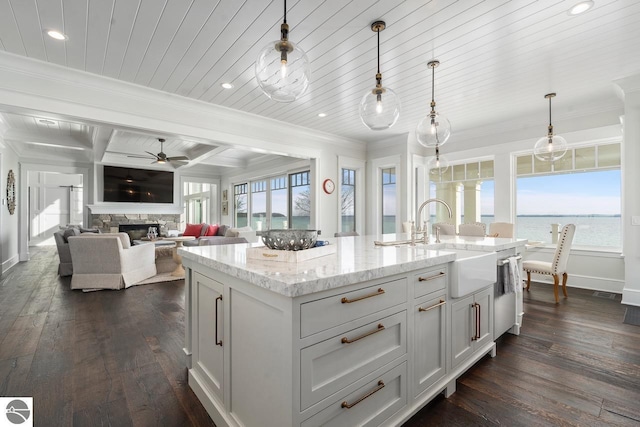 kitchen featuring a sink, dark wood-type flooring, a fireplace, and ornamental molding