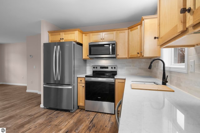 kitchen with a sink, appliances with stainless steel finishes, light brown cabinetry, and light countertops