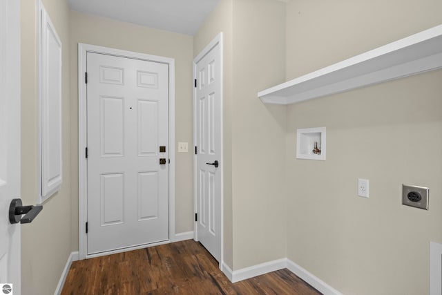 washroom featuring laundry area, hookup for a washing machine, electric dryer hookup, and dark wood-type flooring