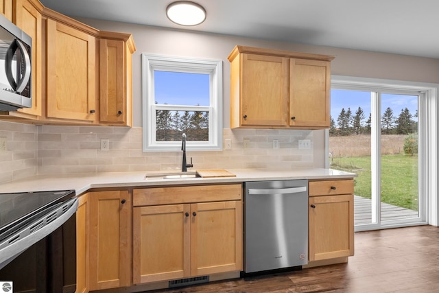 kitchen with visible vents, light brown cabinets, light countertops, stainless steel appliances, and a sink