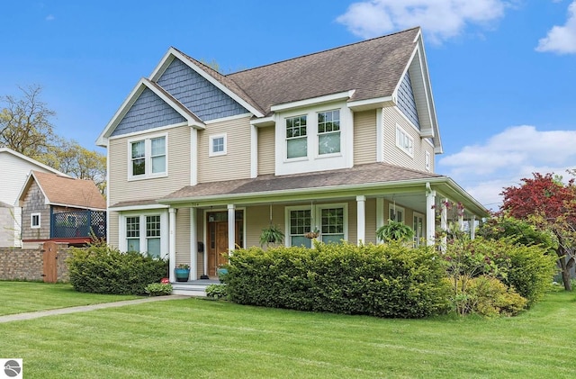 view of front of home featuring a shingled roof, a front yard, and fence