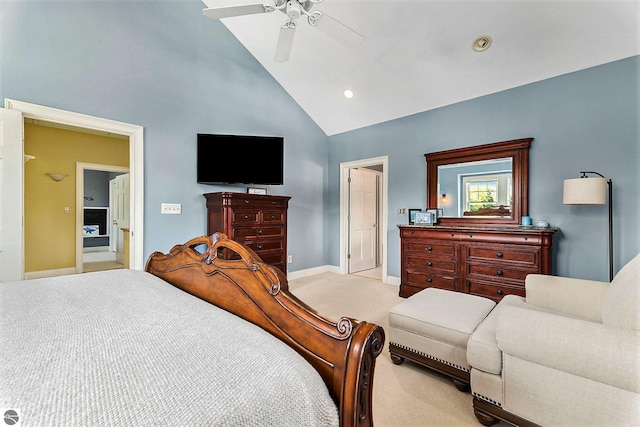 bedroom with a ceiling fan, baseboards, high vaulted ceiling, recessed lighting, and light carpet