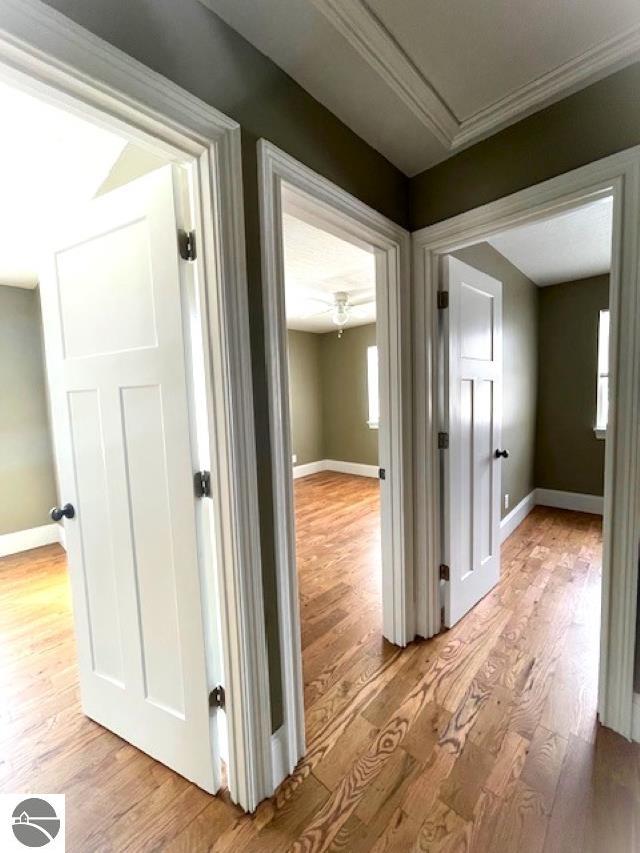 hall featuring crown molding, light wood-type flooring, and baseboards