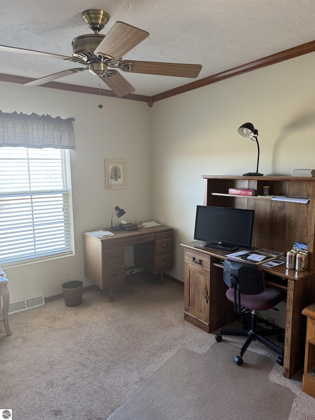 home office featuring visible vents, light carpet, a textured ceiling, and ornamental molding